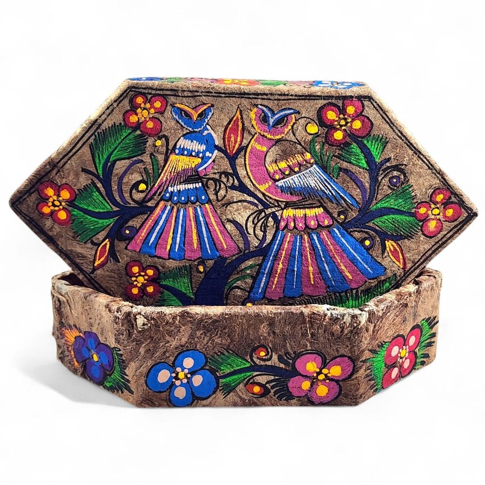 Vintage Hand Painted Cajas Taxco Boho Trinket Box Owl Decor Mexican Folk Art 7"